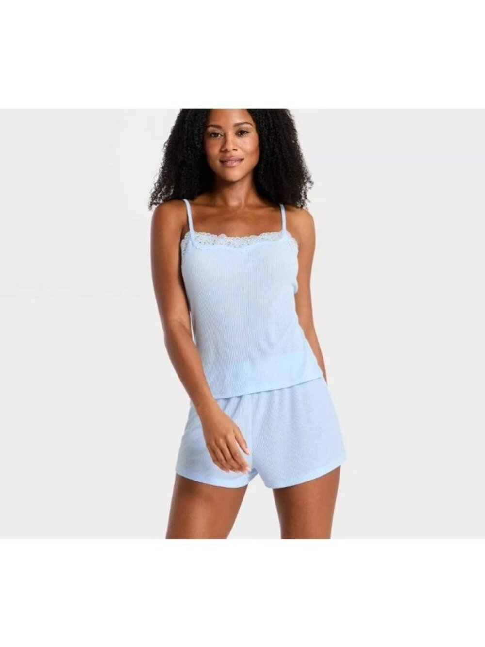 Auden 2 PC Pajama Set Blue Sheer Lace Trim Ribbed Tank Top Shorts Small